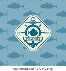 Banner de vetor com âncora e saca-rolhas no fundo padrão de atum sem costura. Marisco. Logotipo, menu, etiqueta para restaurante, café. Placa da loja de peixes. Impressão, tecido, têxtil. Sem ai