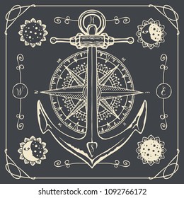 Vector banner with anchor, wind rose, old compass, decorative moons and suns in retro style. Drawing chalk on the blackboard on the theme of travel, adventure and discovery. T-shirt and label graphics