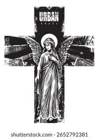 Vector banner with angel and Christian cross on the background of the cityscape. About urbanism, street art, apocalypse and religion. Design for t-shirt, tattoo, poster, music cover. No ai
