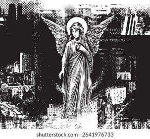 Vector banner with angel drawing on pixel background and cityscape with big city architecture elements. Poster on urbanism, street art, digital technologies and religion. No AI used