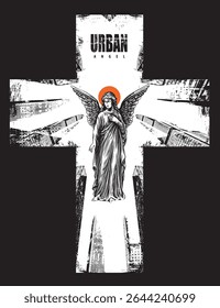 Vector banner with angel on the background of the city landscape with elements of big city architecture. Poster about urbanism, street art, digital technologies and religion. T-shirt design. No AI