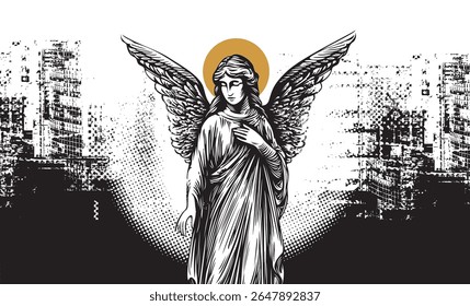 Vector banner with angel on the background of pixels and cityscape with big city architecture. Poster about urbanism, street art, digital technologies and religion. T-shirt design, tatoo.  No AI used
