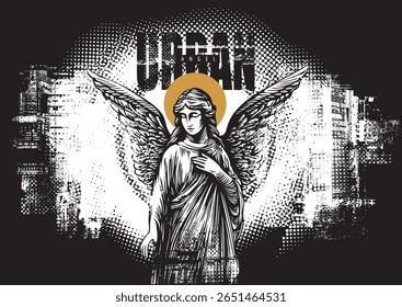 Banner de vetor com anjo na paisagem urbana e fundo de pixel. Sobre urbanismo, arte de rua, guerra nuclear, apocalipse e religião. Design de camiseta, tatuagem, cartaz, música ou capa de livro. Nenhuma IA usada
