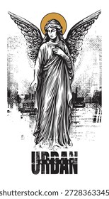 Anuncio de Vector con ángel en el paisaje urbano y fondo de píxeles. Sobre urbanismo, arte callejero, guerra nuclear, apocalipsis y religión. Diseño de camiseta, tatuaje, póster, música o portada de libro.
