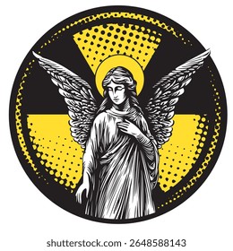 Banner de vetor com anjo e sinal de risco de radiação no fundo do pixel. Sobre urbanismo, arte de rua, guerra nuclear, apocalipse e religião. Design de camiseta, tatuagem, cartaz, música ou capa de livro. Nenhuma IA usada