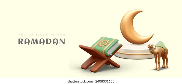 Vector banner, announcement of beginning of Ramadan. Traditional Muslim fasting. Quran on stand, crescent moon, camel. Subjects of Arabic religion and history