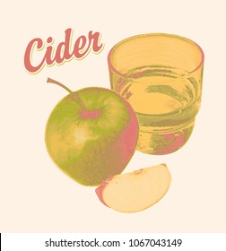 Vector banner for apple cider with a realistic image of an apple, glass of juice and calligraphic inscription