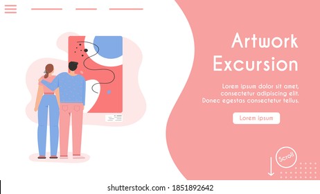 Vector banner of Artwork Excursion concept. Couple visitors hugging and looking at abstract painting at Museum of Modern Art. Man and woman tourists at exhibition of gallery. Character illustration