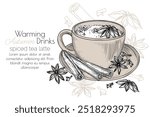 Vector banner autumn drinks. Spiced tea latte in engraving style