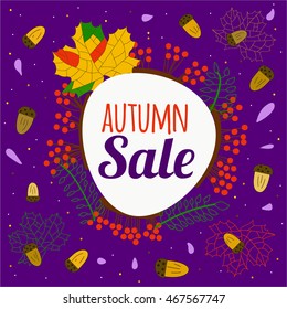 Vector banner for autumn sale. Leaves, acorns, rowan, rain. Template for flyer, banner, cards, invitations.