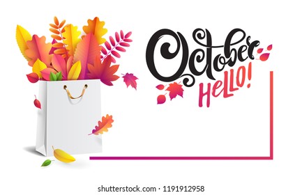 Vector banner with autumn special offer, advertising October Hello. A shopping bag with a bouquet of bright red and yellow fallen autumn leaves. Rectangular frame. 