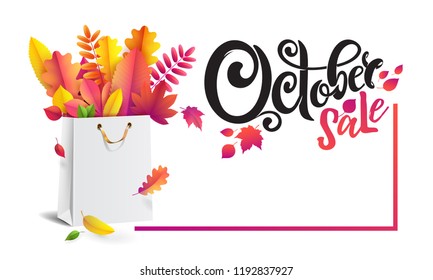 Vector banner with autumn special offer, advertising October sale, discount. A shopping bag with a bouquet of bright red and yellow fallen autumn leaves. Rectangular frame. 