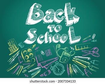 Vector banner Back in green background with Educational supplies like pen, pencil, colors, ruler, eraser, paper clip, sharpener, alarm clock and player