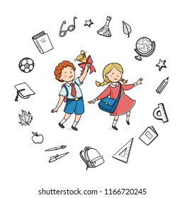 Vector banner back to school. Children run happily. around icon