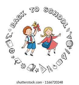 Vector banner back to school. Children run happily. around icon