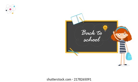 Vector banner back to school concept. Girl with the chalkboard isolated on the white background