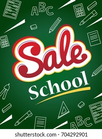 Vector banner back to school sale. Flyer and banner with colorful text on dark green school board. white icons hand-drawn with chalk on blackboard. Vector illustration.