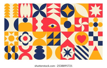 Vektorbanner oder Hintergrund abstrakter, bunter geometrischer Formen. Hell brutale zeitgenössische Ikonen. Rot, Blau, Beige und Gelb. Verschiedene geometrische Figuren.