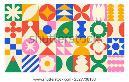 Vector banner or background of abstract colorful geometric shapes. Bright brutal contemporary icons. Various geometric figures.