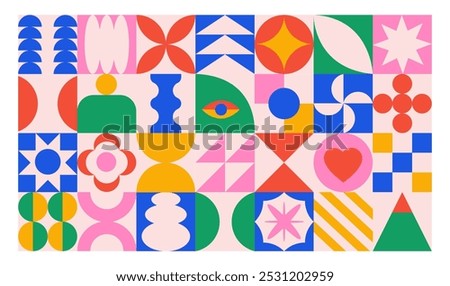 Vector banner or background of abstract colorful geometric shapes. Bright brutal contemporary icons. Various geometric figures.	