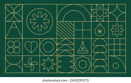 Vector banner or background of abstract linear geometric shapes. Bright brutal contemporary icons. Green and gold colors. Various geometric figures.