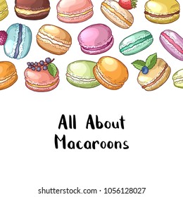 Vector banner background with colored hand drawn macaroons and lettering illustration