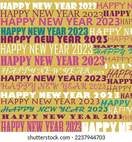 Diseño de fondo de pancartas vectoriales celebrando el nuevo año 2023 con diferentes tipos de frentes y colores que dice feliz año nuevo 2023. banner de inicio del año con múltiples fuentes y tipografía