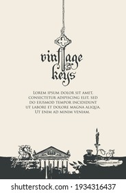 Vector banner or background with drawings, place for text and an inscription Vintage keys. Creative artistic illustration with an old key, candle, inkwell, feather, architectural facade