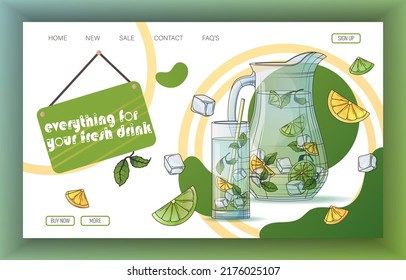 Vector banner background with gar of lemonade, slice of lemon, lime, ice. Food store, online shop website landing page design. Template  for banner, poster, advertising, flayer, web, ui. 