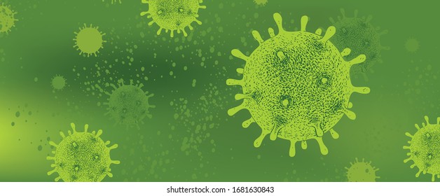 Vector banner or background with hand-drawn virus cells. Novel Coronavirus outbreak that caused epidemic of pneumonia in China and Europe. Global pandemic alert. Prevention of COVID-19