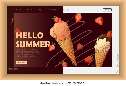 Vector banner background with ice-cream in waffle cone with fruits. Food store, online shop website landing page design. For banner, poster, advertising, flayer, web, ui. Summer holiday concept.