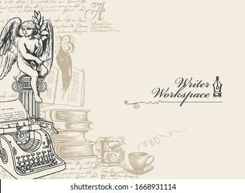 Vector banner or background on a writers theme. Writer workspace with sketches and place for text. Vintage illustration with hand-drawn typewriter, books, angel and illegible handwritten notes