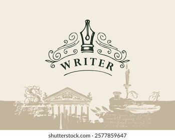 Vector banner or background on a writers theme in vintage style. Writer workspace with drawings and place for text. Artistic illustration with candle, inkwell, feather, architectural facade