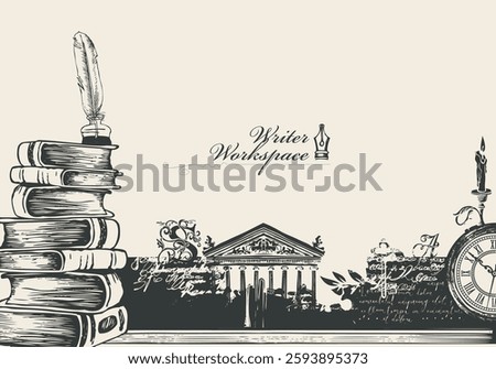 Vector banner or background on a writers theme in vintage style. Writer workspace with drawings and place for text. Artistic illustration with candle, inkwell and feather, architectural facade and boo