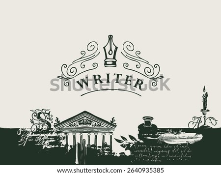 Vector banner or background on writers theme in vintage style. Writer's workplace with drawings and space for text. Artistic illustration with candle, inkwell, quill, architecture, building. No AI