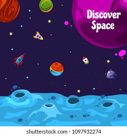 Vector banner background with place for text with cartoon space planets and ships illustration