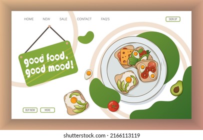 Fondo vectorial con plato de sándwiches, tomate, huevo, aguacate. Tienda de comida, página de inicio de página web de tienda en línea. Plantilla vectorial perfecta para banner, afiche, publicidad, flayer, web, ui.