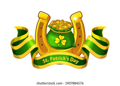 Vector banner of bag with coins and gold horseshoe. St. Patricks Day greeting card illustration.