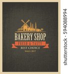 Vector banner for a bakery shop with a picture of the village and windmill on the background of sacking