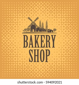 Vector banner for a bakery shop with a picture of the village and windmill on the background of textile