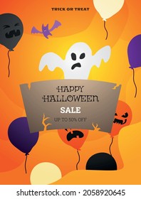 Vector banner with balloons and a ghost for a Halloween sale