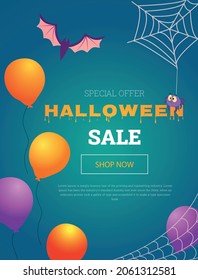 Vector banner with balloons, a spider and a bat for a Halloween sale