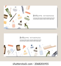 Vector banner with bathroom accessories, bath item, toiletry. Oral care, natural skin care, organic cosmetics. Zero waste bathroom, reusable products. Eco friendly lifestyle. Flat cartoon illustration