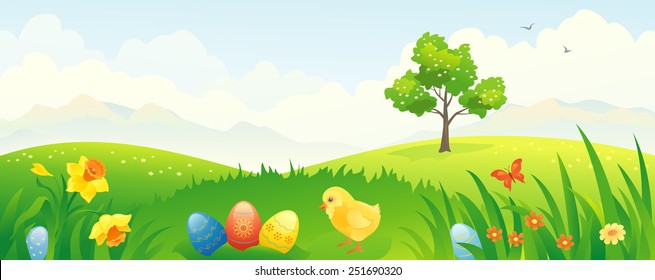 Vector banner with a beautiful Easter country scenery