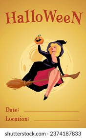 Banner vectorial con una bruja hermosa en estilo de anclaje. Una chica rubia con un vestido negro se sienta en una escoba y sostiene una calabaza sonriente en una mano. Afiche de Halloween sobre el fondo de la luna con espacio para la cita y