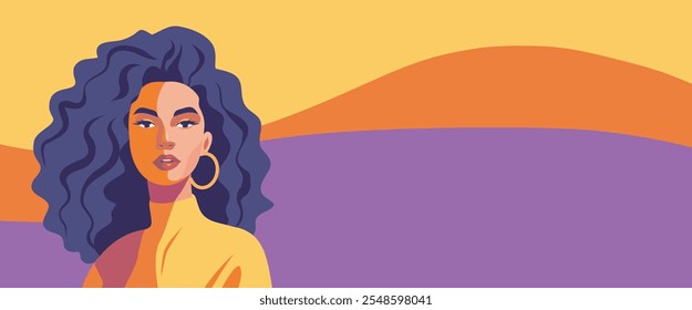 Banner de vetor linda mulher. Banner de desenhos de parede vetorial abstrata. Modernas ilustrações minimalistas estilo plano para design de interiores e web. Conceito de feminismo. Dia da Mulher