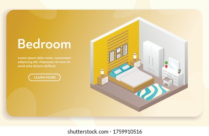 Vector banner of bedroom interior in isometric view. Modern furniture design of room with bed, wardrobe, bedside tables, lamps, dressing table, home decor. Banner template design, landing page