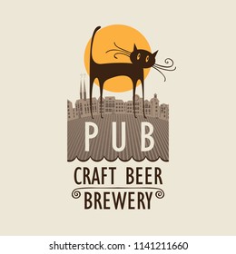 Vector banner for beer pub with cat on the background of old town in a retro style and with words Craft beer, Brewery