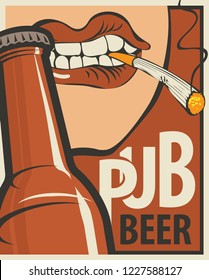 Vector banner for beer pub. Flat illustration in retro style with bottle of beer and human mouth with a cigarette in his teeth