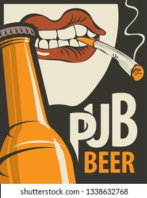 Vector banner for beer pub. Flat illustration in retro style with bottle of beer and human mouth with a cigarette in his teeth